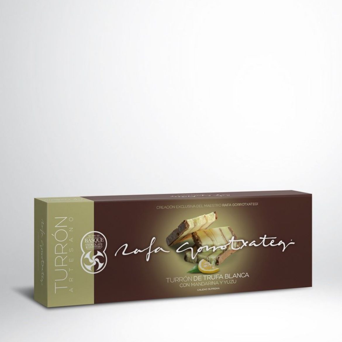 Weißer Nougat mit Trüffel und einem Hauch von Mandarine - Produktbild mit Verpackung
