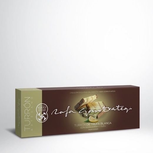 Weißer Nougat mit Trüffel und einem Hauch von Mandarine - Produktbild mit Verpackung