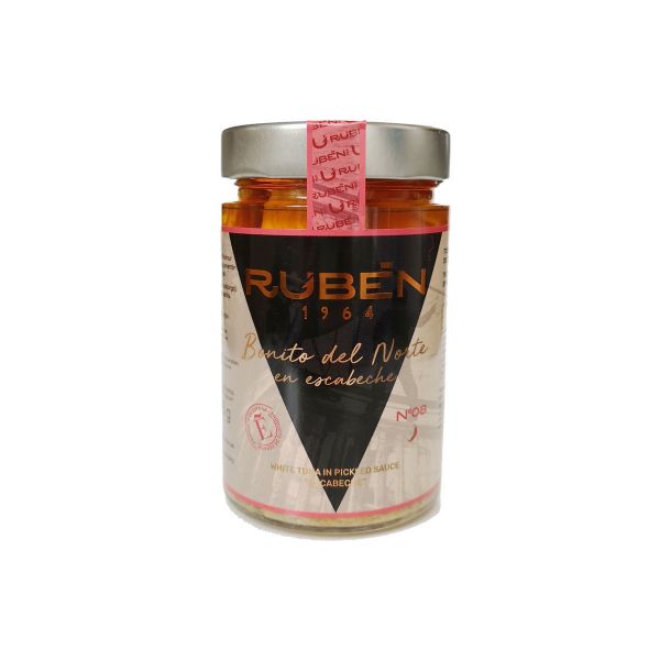 Bonito del Norte in Escabeche im 300g Glas Weißer Thunfisch in pikanter Sauce von Pescados Rubén.