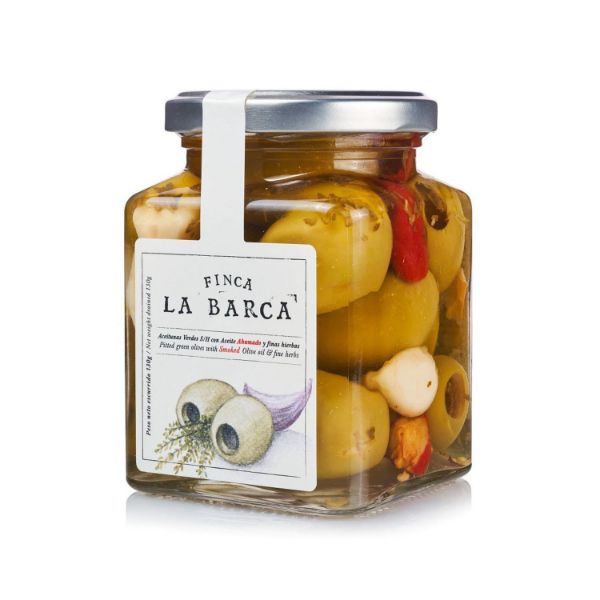 Gordal Oliven ohne kern mit Knoblauch und Kräutern von La Finca de Barca Gordal Oliven ohne kern mit Knoblauch und Kräutern von La Finca de Barca