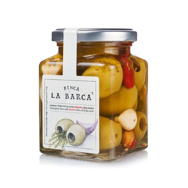 Gordal Oliven ohne kern mit Knoblauch und Kräutern von La Finca de Barca