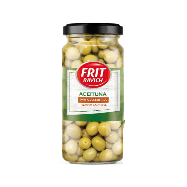 Grüne Oliven Manzanilla Sabor Anchoa 720g von Frit Ravich Grüne Oliven Manzanilla Sabor Anchoa 720g von Frit Ravich