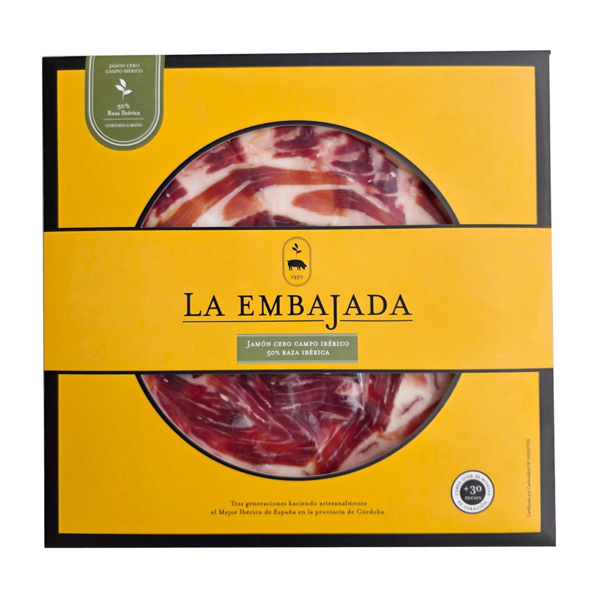 Jamón Cebo de Campo Iberico 50% - handgeschnitten im Geschenkkarton von La Embajada